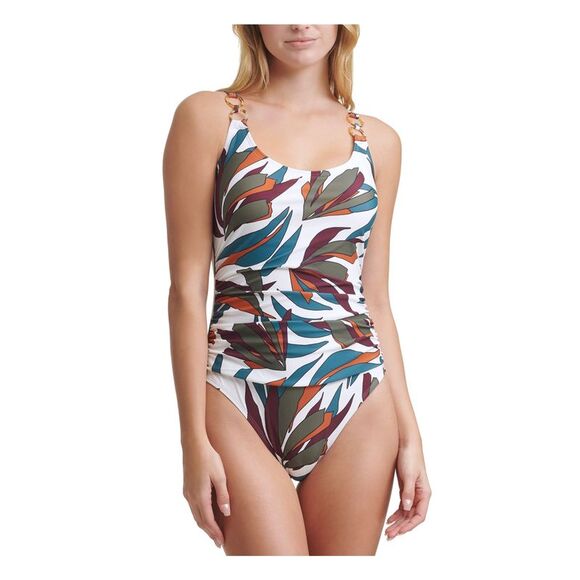 DKNY Women's White Stretch REMOVABLE CUPS Ring Scoop Neck One Piece Swimsuit 6